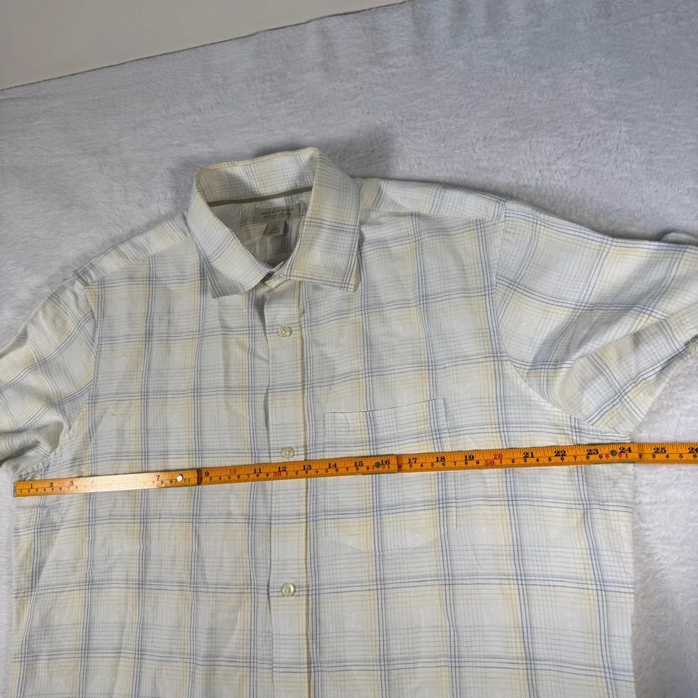 Banana Republic Button Down‎ Shirt Mens L White Yellow Plaid Linen Cotton Blend